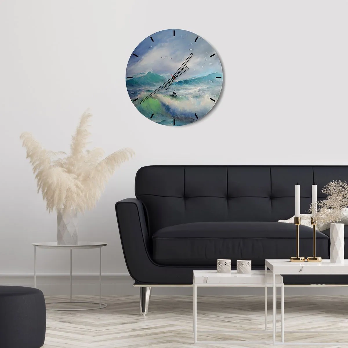 Reloj de pared - Reloj de vidrio - Una imagen de olas del mar con gaviotas en un cielo azul. - 30x30cm - La fuerza del viento - Decoración de pared moderna para salón, cocina y dormitorio ARTTOR