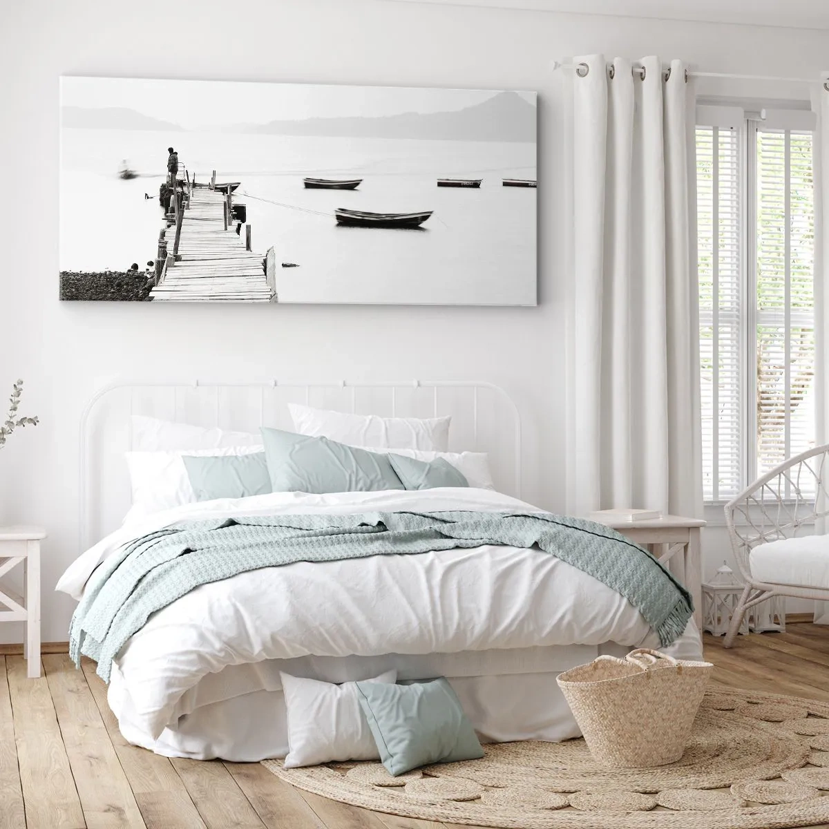 Cuadro sobre lienzo - Impresión de Imagen - Muelle de madera y barcos en aguas tranquilas - 120x50cm - Junto al agua tranquila y clara - Decoración de pared moderna para salón y dormitorio ARTTOR