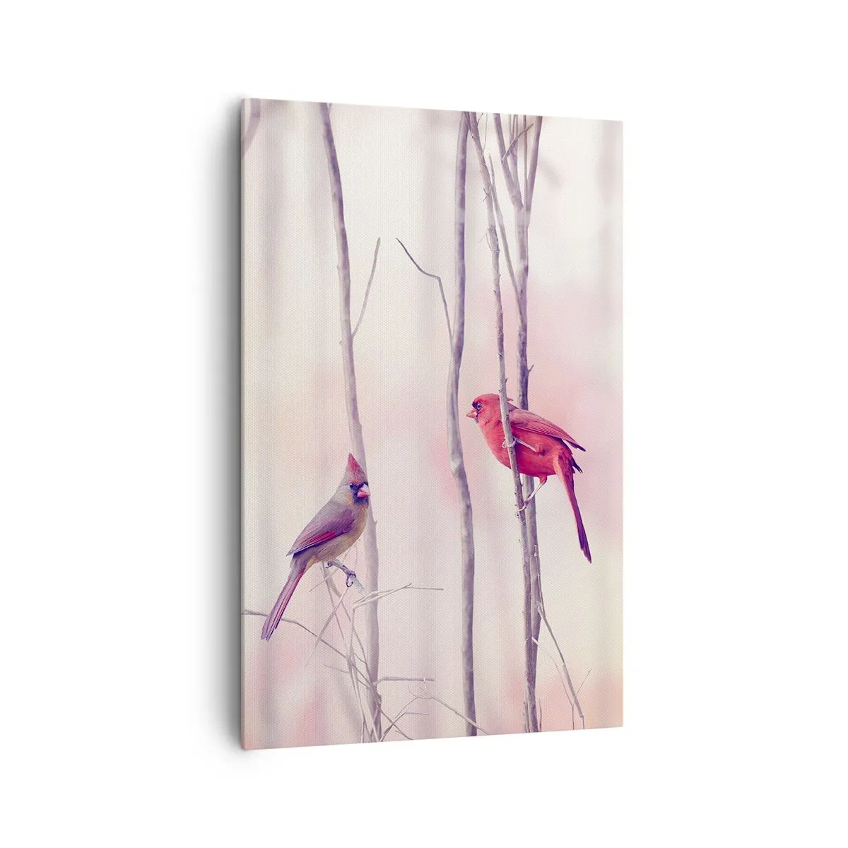 Cuadro sobre lienzo - Impresión de Imagen - Una pareja de cardenales posados en las ramas en un paisaje pastel. - 80x120cm - Historia de un bosque rosa - Decoración de pared moderna para salón y dormitorio ARTTOR