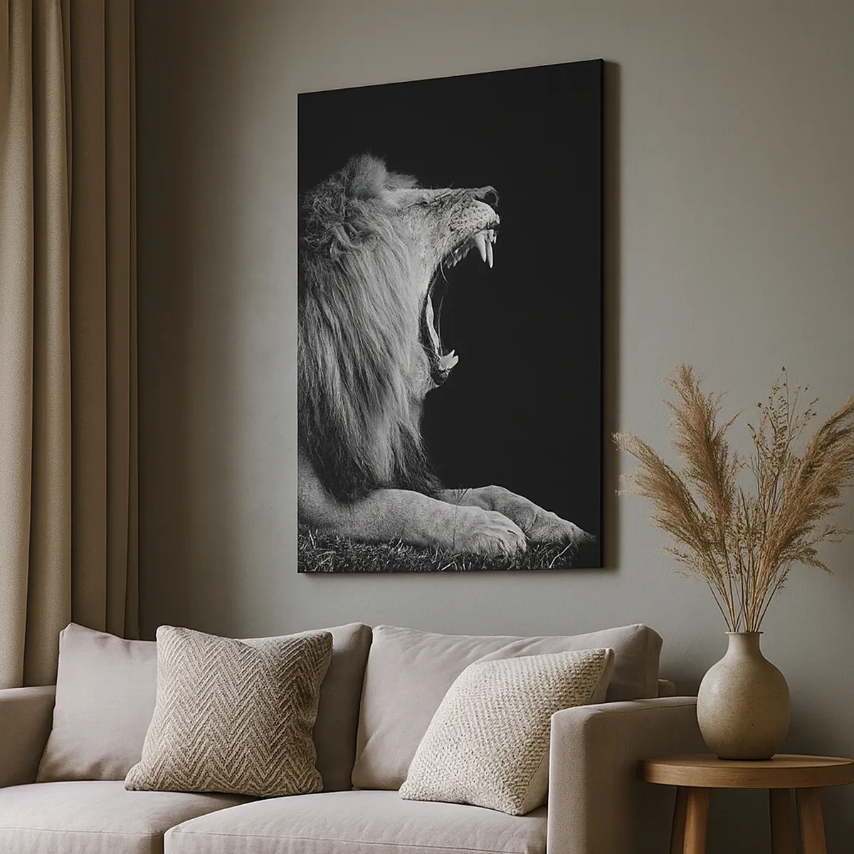 Cuadro sobre lienzo - Impresión de Imagen - Un león rugiente sobre un fondo negro en tonos blanco y negro. - 50x70cm - Sin duda alguna - Decoración de pared moderna para salón y dormitorio ARTTOR