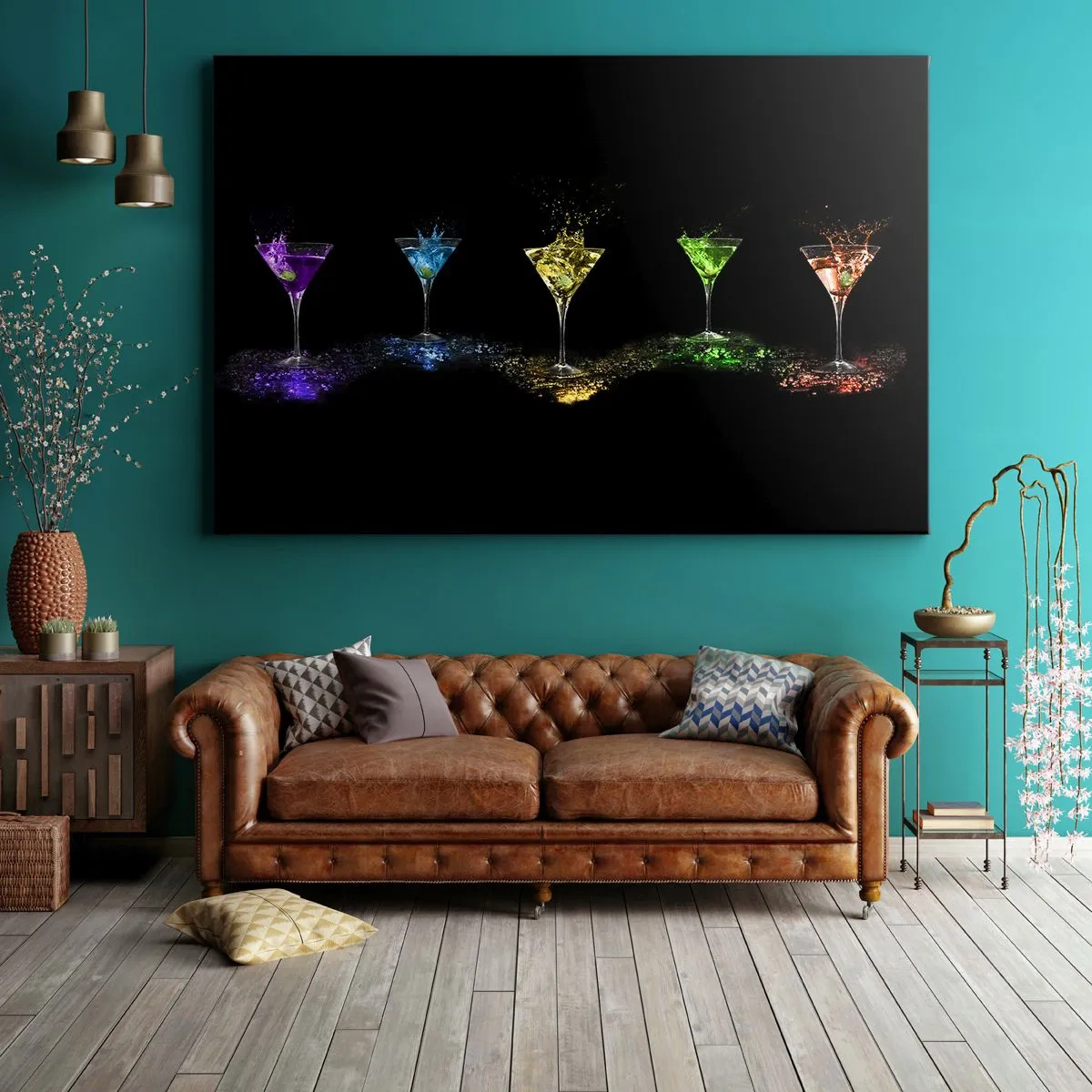 Cuadro sobre lienzo - Impresión de Imagen - Cócteles coloridos en vasos sobre un fondo negro - 100x70cm - Los colores de la alegría en una copa de cristal - Decoración de pared moderna para salón y dormitorio ARTTOR