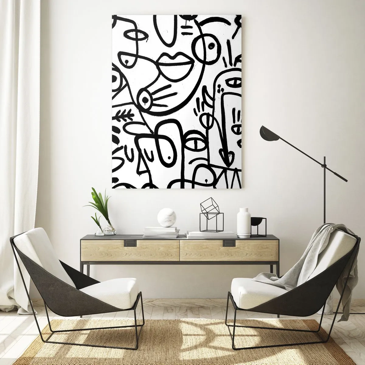 Cuadro sobre vidrio - Impresiones sobre Vidrio - Abstracción en blanco y negro con ojos, caras y líneas. - 50x70cm - Rostros y espejismos - Decoración de pared moderna para salón y dormitorio ARTTOR