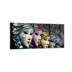 Cuadro sobre vidrio - Impresiones sobre Vidrio - Máscaras venecianas en varios colores con patrones decorativos. - 120x50cm - Misterio en oro y plata - Decoración de pared moderna para salón y dormitorio ARTTOR