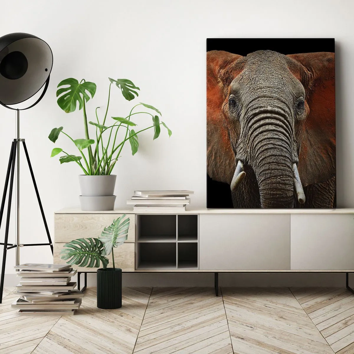 Cuadro sobre lienzo - Impresión de Imagen - Retrato de un elefante sobre fondo negro - 70x100cm - Soy salvaje, ¿y tú? - Decoración de pared moderna para salón y dormitorio ARTTOR