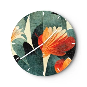Reloj de pared - Reloj de vidrio - Flores de color rojo anaranjado sobre hojas de color verde oscuro. - 30x30cm - El calor del trópico y el frescor del verdor - Decoración de pared moderna para salón, cocina y dormitorio ARTTOR