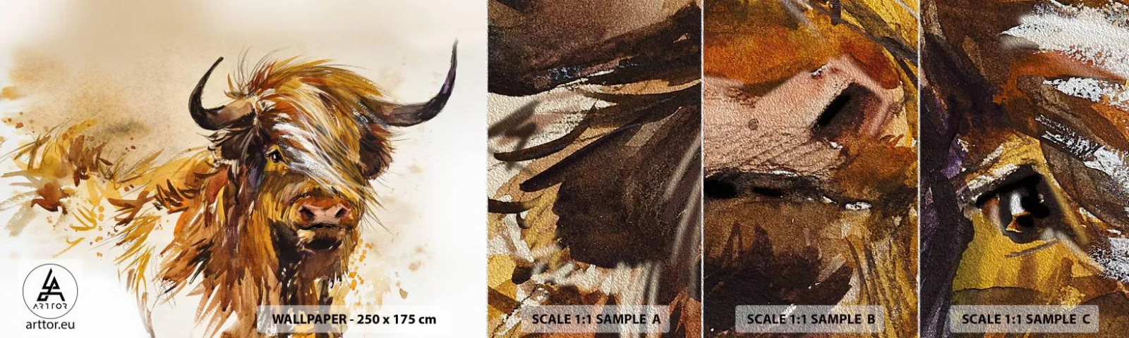 Muestra de fotomural Premium Sand - El orgullo del líder - animales, Abstracción, Búfalo escocés - 100x30 cm