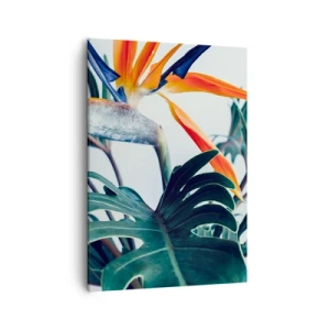 Cuadro sobre lienzo - Impresión de Imagen - Flor de Strelitzia rodeada de hojas bajo una luz brillante. - 50x70cm - La jaula del pájaro colorido - Decoración de pared moderna para salón y dormitorio ARTTOR