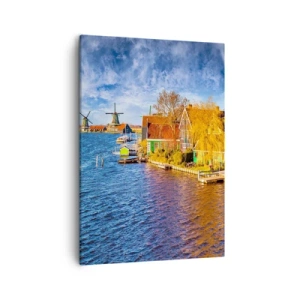 Cuadro sobre lienzo - Impresión de Imagen - Casas pintorescas y molinos de viento junto al agua - 50x70cm - Durante siglos, sin cambios - Decoración de pared moderna para salón y dormitorio ARTTOR
