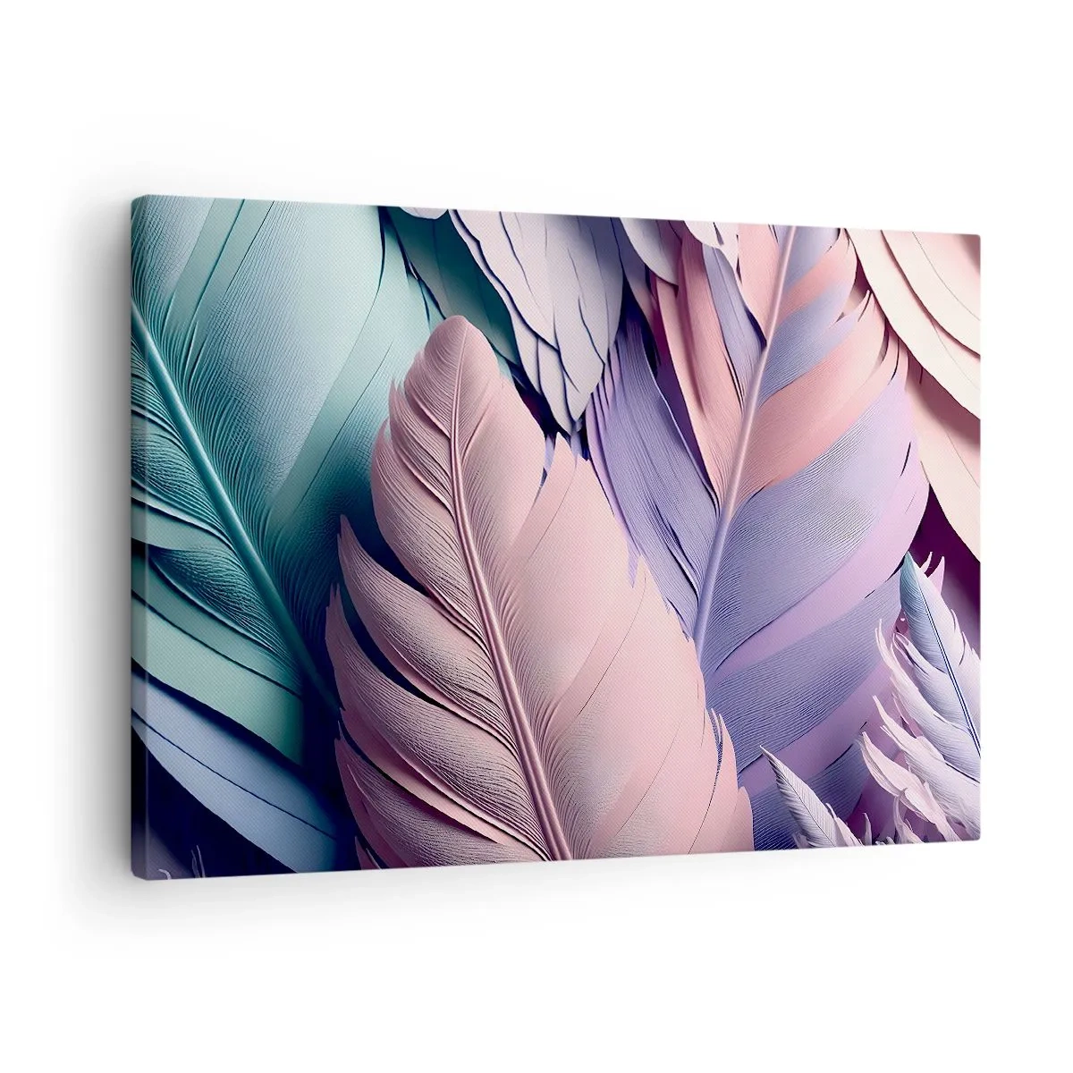 Cuadro sobre lienzo - Impresión de Imagen - Plumas de colores en tonos pastel sobre un fondo claro. - 70x50cm - Pájaro chic - Decoración de pared moderna para salón y dormitorio ARTTOR