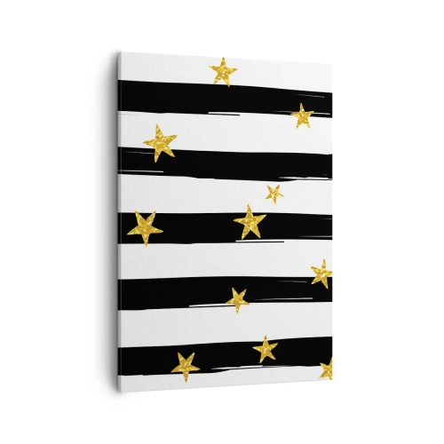 Cuadro sobre lienzo - Impresión de Imagen - Rayas blancas y negras con estrellas doradas - 50x70cm - Todos hemos nacido bajo una estrella de la suerte - Decoración de pared moderna para salón y dormitorio ARTTOR