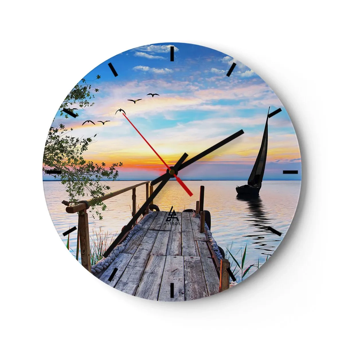Reloj de pared - Reloj de vidrio - Un muelle sobre el lago a la luz del sol poniente. - 30x30cm - Que llegue la noche - Decoración de pared moderna para salón, cocina y dormitorio ARTTOR