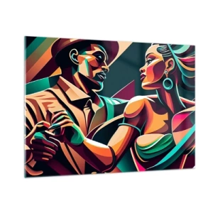 Cuadro sobre vidrio - Impresiones sobre Vidrio - Una pareja colorida bailando en estilo art decó con expresión dinámica. - 100x70cm - Al ritmo del corazón - Decoración de pared moderna para salón y dormitorio ARTTOR