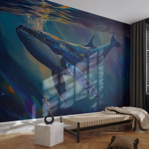 Fotomural Premium Sand - Una ballena nadando bajo la superficie del agua en la luz y los colores del océano. - 100x70cm - Bienvenidos a mi mundo - Decoración de pared moderna para salón y dormitorio ARTTOR