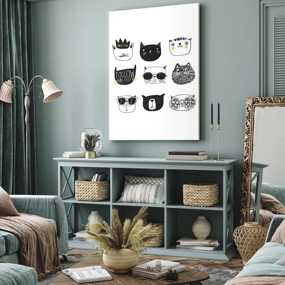 Cuadro sobre lienzo - Impresión de Imagen - Ilustraciones de gatos con estilo minimalista - 70x100cm - Cada uno diferente - Decoración de pared moderna para salón y dormitorio ARTTOR