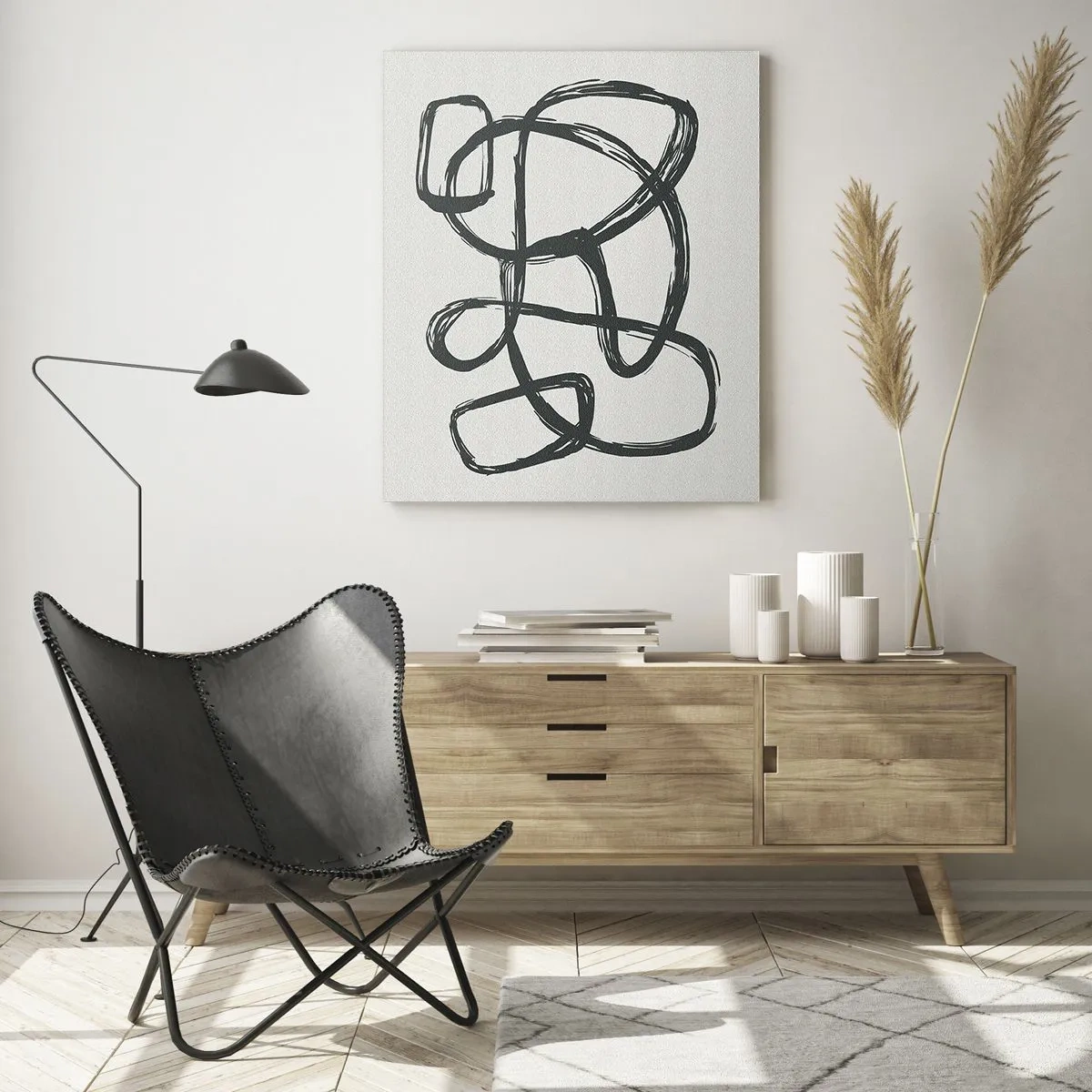 Cuadro sobre vidrio - Impresiones sobre Vidrio - Líneas abstractas que crean formas libres sobre un fondo claro - 70x100cm - Abstracción en bucle - Decoración de pared moderna para salón y dormitorio ARTTOR