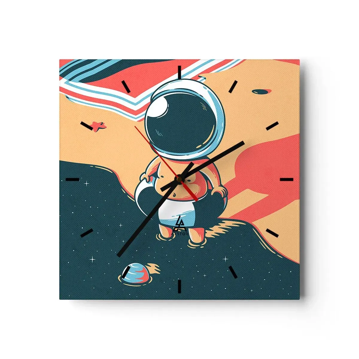 Reloj de pared - Reloj de vidrio - Astronauta divertido en la playa con elementos espaciales de fondo. - 30x30cm - Desde una perspectiva diferente - Decoración de pared moderna para salón y dormitorio ARTTOR