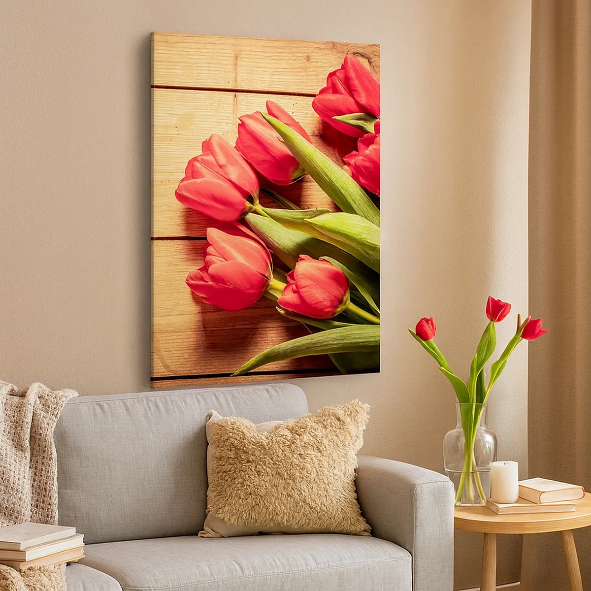 Cuadro sobre lienzo - Impresión de Imagen - Un ramo de tulipanes rosas sobre un fondo de madera. - 50x70cm - Una confesión primaveral - Decoración de pared moderna para salón y dormitorio ARTTOR