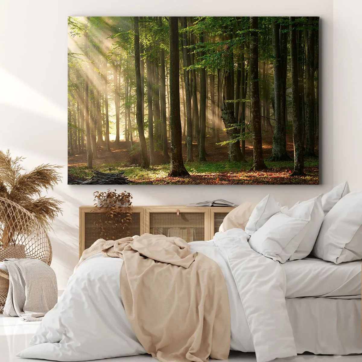 Cuadro sobre lienzo - Impresión de Imagen - Los rayos del sol penetran a través de los árboles en el bosque. - 70x50cm - Radiante en una mañana de primavera - Decoración de pared moderna para salón y dormitorio ARTTOR