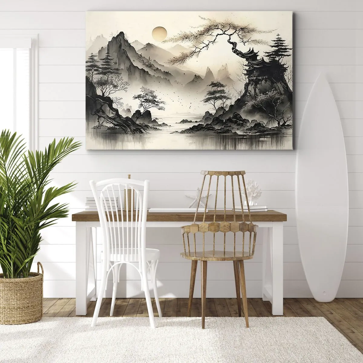 Cuadro sobre lienzo - Impresión de Imagen - Un paisaje oriental con montañas y una pagoda en tonos delicados. - 70x50cm - El encanto único de Oriente - Decoración de pared moderna para salón y dormitorio ARTTOR