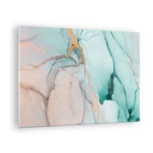 Cuadro sobre vidrio - Impresiones sobre Vidrio - Una composición abstracta en tonos turquesa y dorado. - 70x50cm - Danza de formas y colores - Decoración de pared moderna para salón y dormitorio ARTTOR