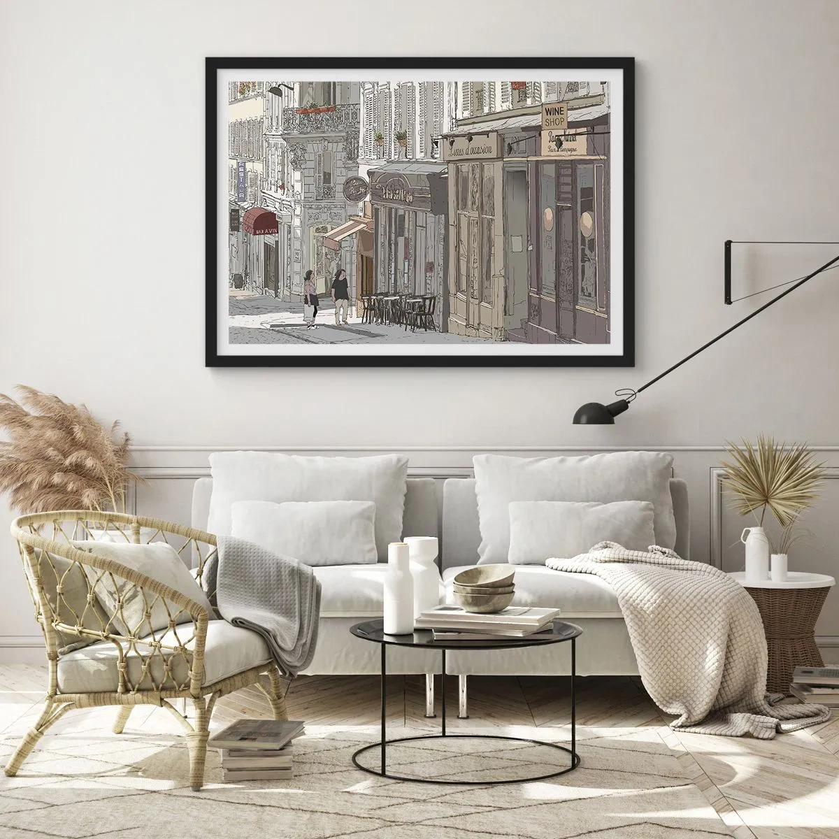 Póster en marco negro - Ilustración de una calle de la ciudad con cafés y tiendas. - 100x70cm - Alegrías urbanas - Decoración de pared moderna para salón y dormitorio ARTTOR