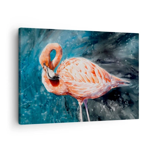 Cuadro sobre lienzo - Impresión de Imagen - Un flamenco rosa sobre un fondo azul de acuarela. - 70x50cm - Decorativo por naturaleza - Decoración de pared moderna para salón y dormitorio ARTTOR