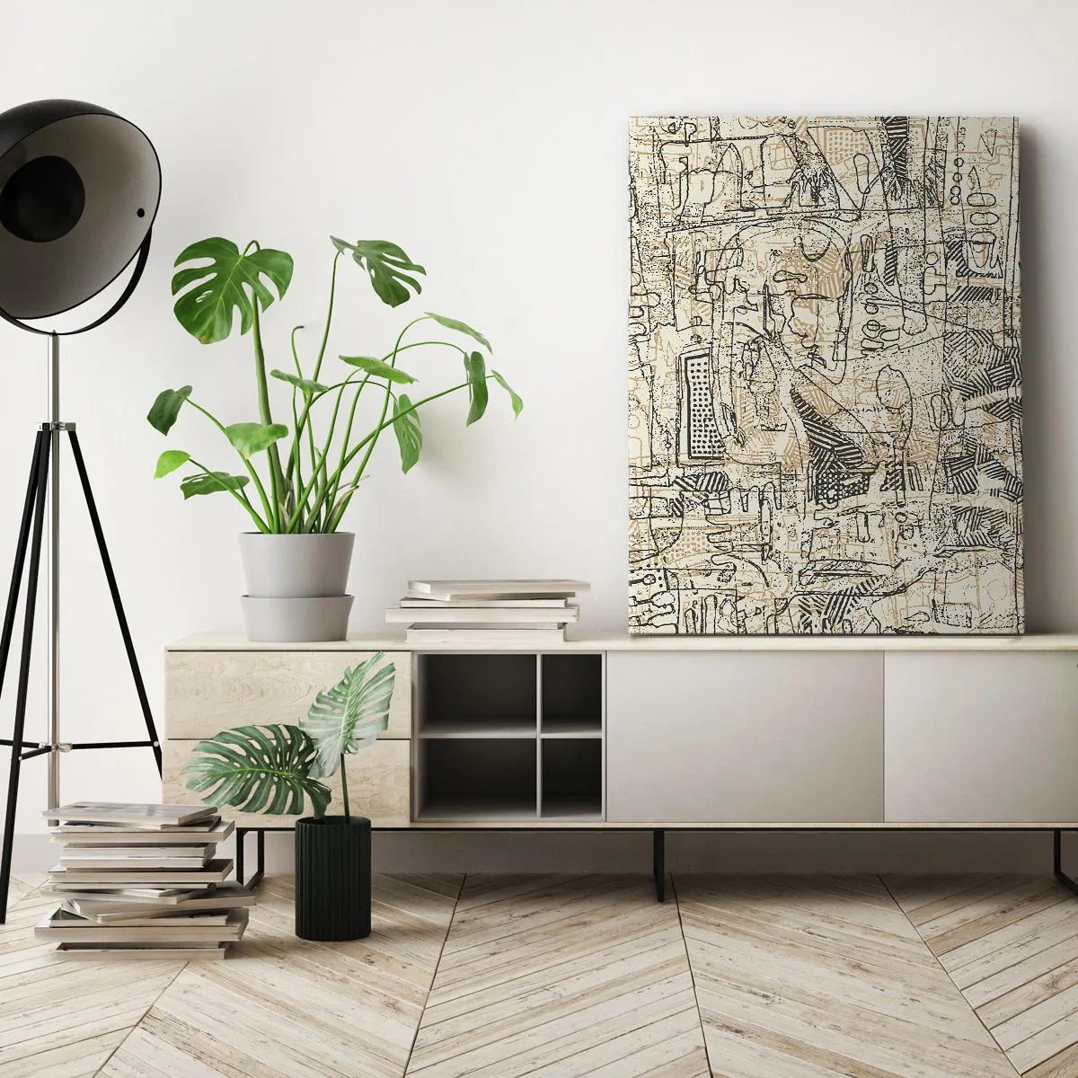 Cuadro sobre lienzo - Impresión de Imagen - Patrones y líneas abstractas sobre un fondo beige - 50x70cm - A la espera de ser descifrado - Decoración de pared moderna para salón y dormitorio ARTTOR