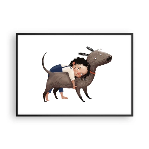 Póster en marco negro - Ilustración de estilo de dibujos animados de un niño abrazando a un perro. - 100x70cm - Mejores amigos - Decoración de pared moderna para salón y dormitorio ARTTOR