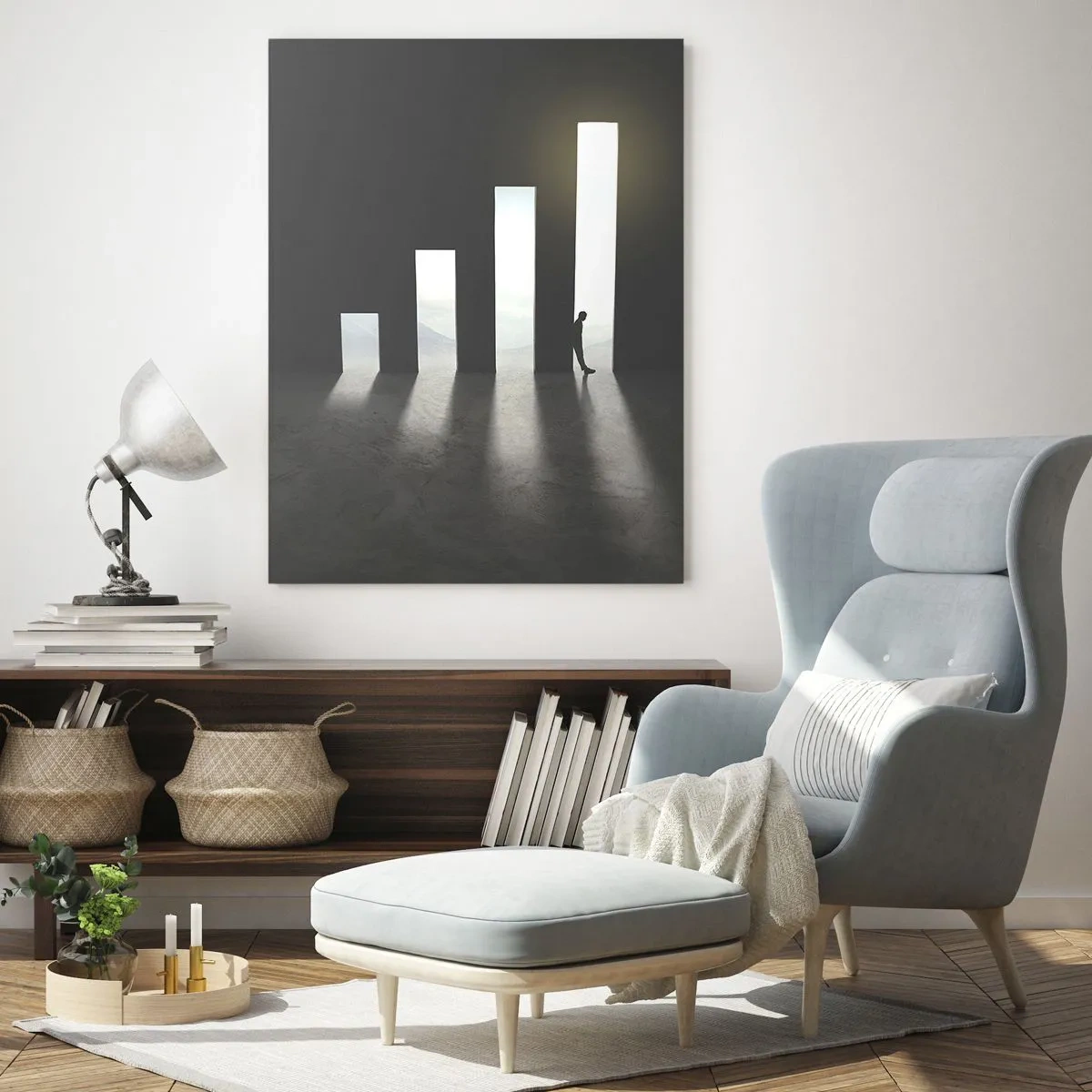 Cuadro sobre vidrio - Impresiones sobre Vidrio - Crecimiento simbólico en forma de pasajes iluminados por la luz. - 70x100cm - El camino del éxito - Decoración de pared moderna para salón y dormitorio ARTTOR