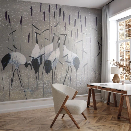 Fotomural Premium Canvas - Garzas en la hierba contra un fondo tranquilo - 100x70cm - Entre los suyos - Decoración de pared moderna para salón y dormitorio ARTTOR