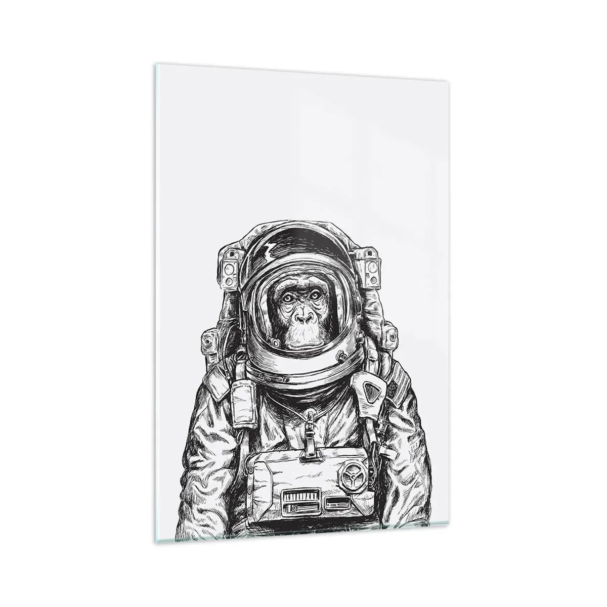 Cuadro sobre vidrio - Impresiones sobre Vidrio - Gráfico de un astronauta en un traje espacial con cabeza de mono. - 80x120cm - Evolución alternativa - Decoración de pared moderna para salón y dormitorio ARTTOR
