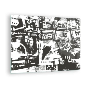 Cuadro sobre vidrio - Impresiones sobre Vidrio - Abstracción en blanco y negro con motivos geométricos y técnicos. - 70x50cm - ¿Orden o caos? - Decoración de pared moderna para salón y dormitorio ARTTOR