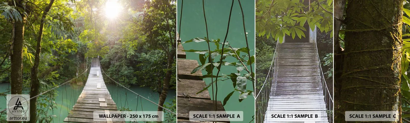 Muestra de fotomural autoadhesivo Deluxe Sticker - Sobre el agua azul hacia el bosque - Paisaje, Selva, Puente de madera - 100x30 cm