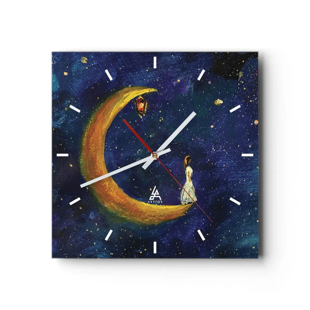 Reloj de pared - Reloj de vidrio - Una niña parada en la luna en un cielo estrellado. - 30x30cm - La llamada de la Luna - Decoración de pared moderna para salón y dormitorio ARTTOR