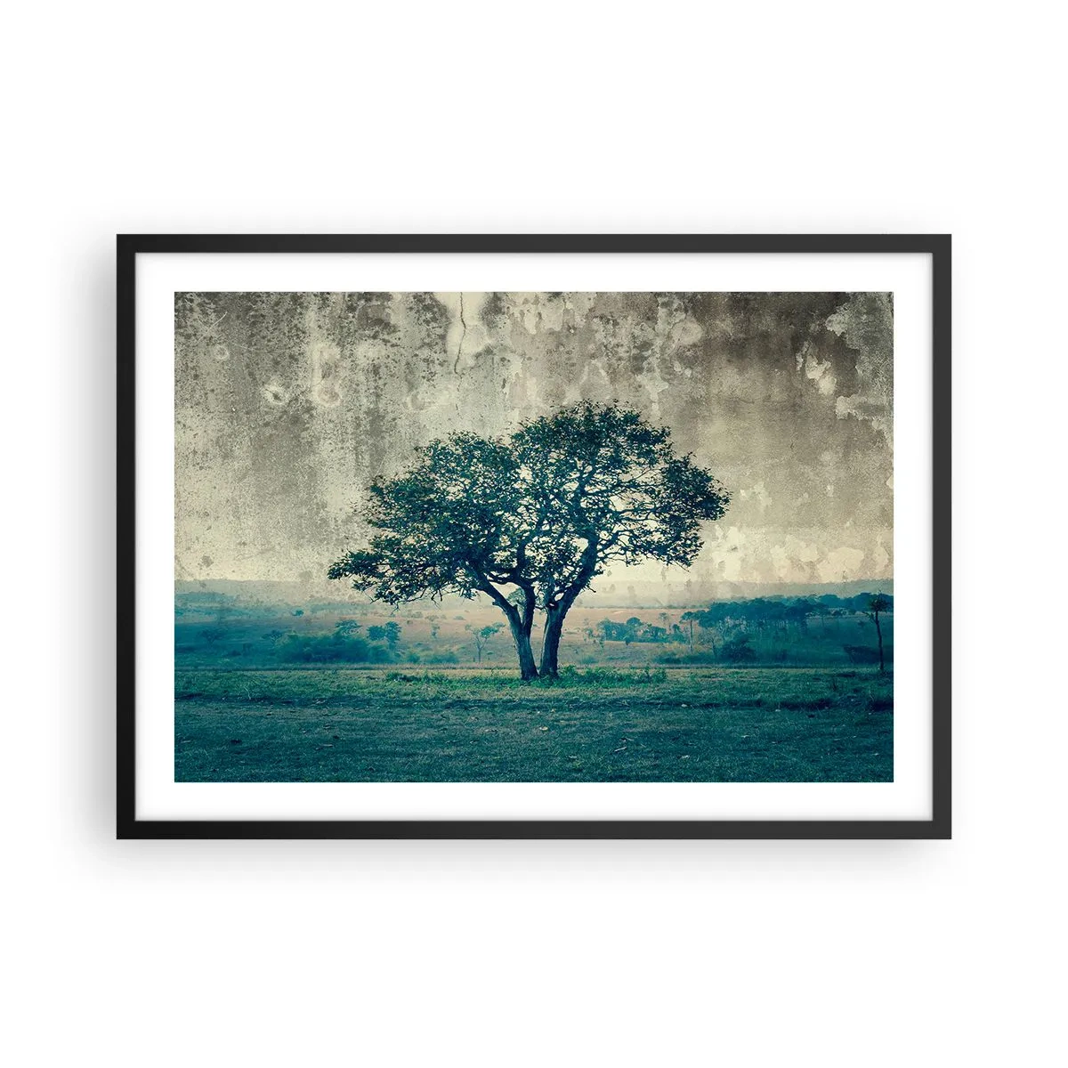 Póster en marco negro - Un árbol solitario contra un paisaje brumoso. - 70x50cm - El manzano - Decoración de pared moderna para salón y dormitorio ARTTOR
