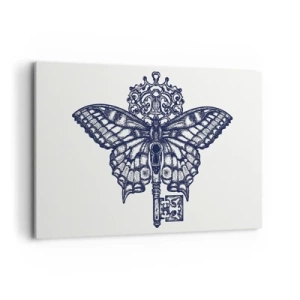 Cuadro sobre lienzo - Impresión de Imagen - Elegante gráfico de mariposa y llave en un estilo minimalista. - 120x80cm - Todos los secretos del corazón - Decoración de pared moderna para salón y dormitorio ARTTOR