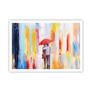 Póster - Una pareja bajo un paraguas rojo con edificios coloridos al fondo. - 100x70cm - Que siga lloviendo - Decoración de pared moderna para salón y dormitorio ARTTOR
