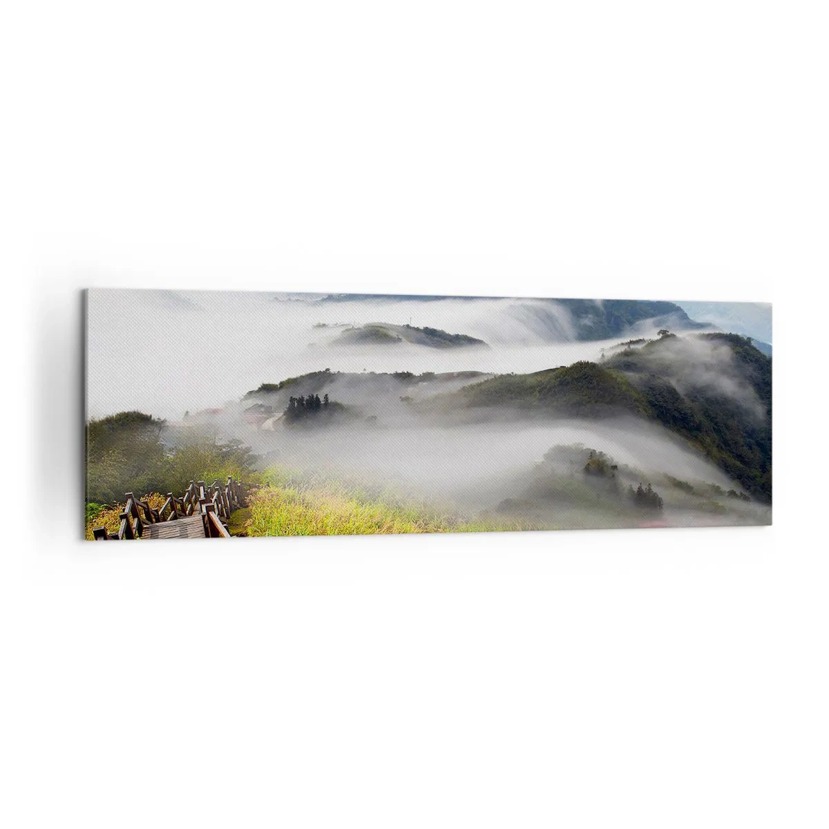 Cuadro sobre lienzo - Impresión de Imagen - Un sendero de madera entre las montañas brumosas por la mañana. - 160x50cm - Tejido de resplandor y niebla - Decoración de pared moderna para salón y dormitorio ARTTOR