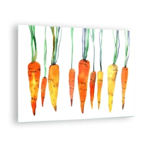 Cuadro sobre vidrio - Impresiones sobre Vidrio - Zanahorias de acuarela en varios tonos de naranja con tallos verdes. - 70x50cm - La belleza de lo ordinario - Decoración de pared moderna para salón y dormitorio ARTTOR