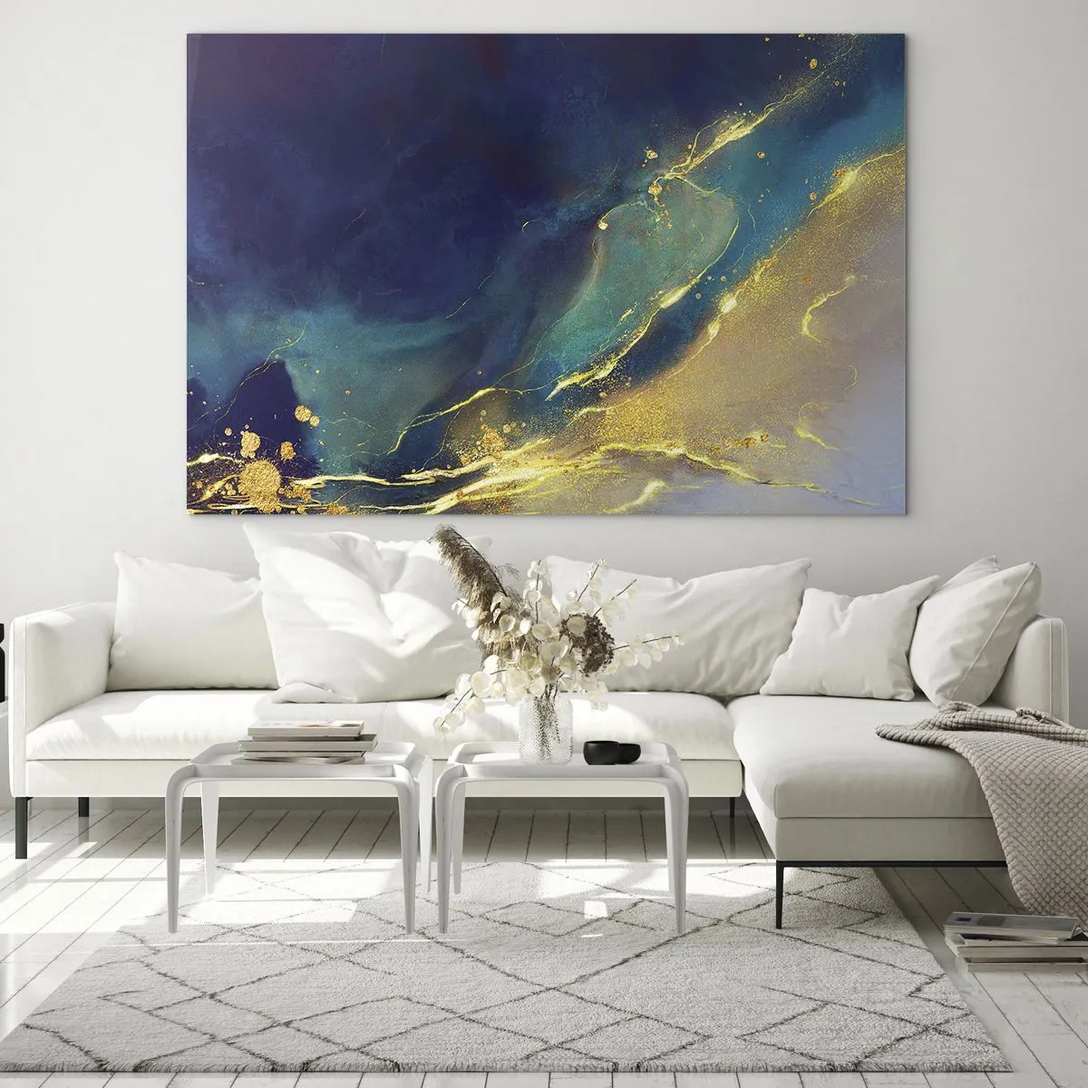Cuadro sobre vidrio - Impresiones sobre Vidrio - Una composición abstracta en tonos azul marino, turquesa y dorado. - 100x70cm - Inundación dorada - Decoración de pared moderna para salón y dormitorio ARTTOR