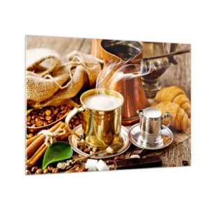 Cuadro sobre vidrio - Impresiones sobre Vidrio - Una taza dorada de café con leche rodeada de granos y croissants. - 70x50cm - Que tengas un buen día - Decoración de pared moderna para salón y dormitorio ARTTOR