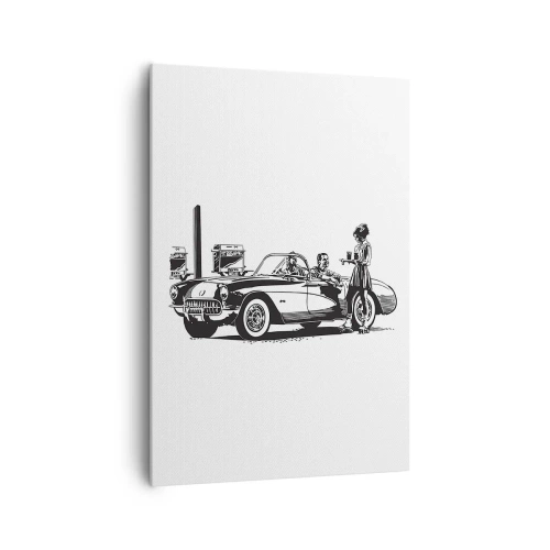 Cuadro sobre lienzo - Impresión de Imagen - Una escena retro en blanco y negro con un coche y una camarera en patines. - 70x100cm - Años 60 - la América despreocupada - Decoración de pared moderna para salón y dormitorio ARTTOR