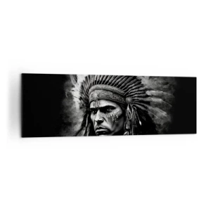 Cuadro sobre lienzo - Impresión de Imagen - Retrato de un jefe con un tocado de plumas sobre un fondo negro - 160x50cm - Líder y guerrero - Decoración de pared moderna para salón y dormitorio ARTTOR