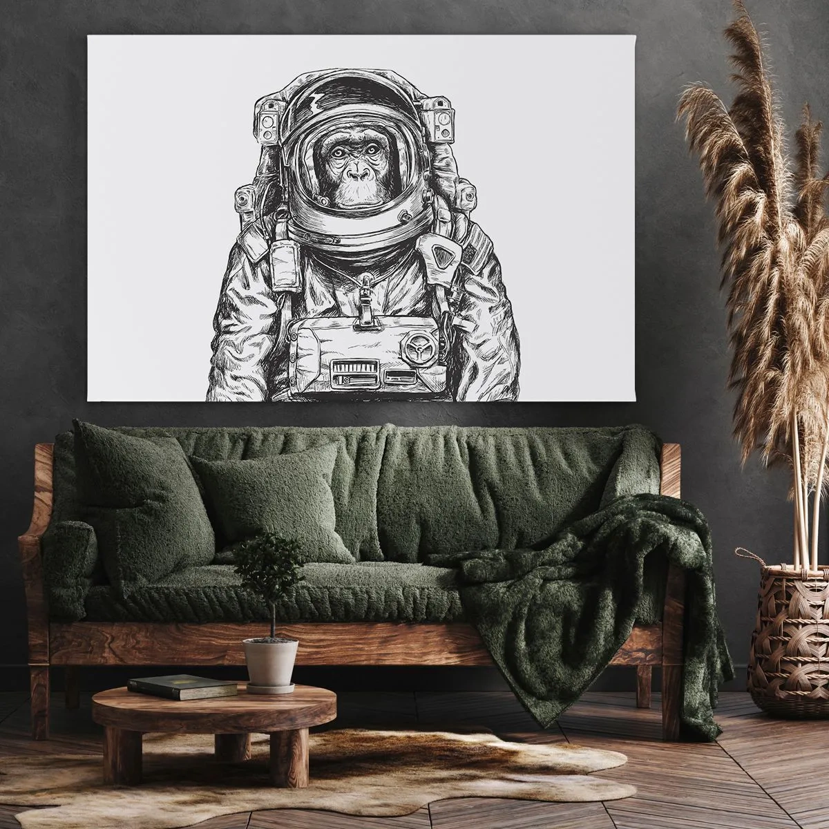 Cuadro sobre lienzo - Impresión de Imagen - Gráfico de un astronauta en un traje espacial con cabeza de mono. - 70x50cm - Evolución alternativa - Decoración de pared moderna para salón y dormitorio ARTTOR
