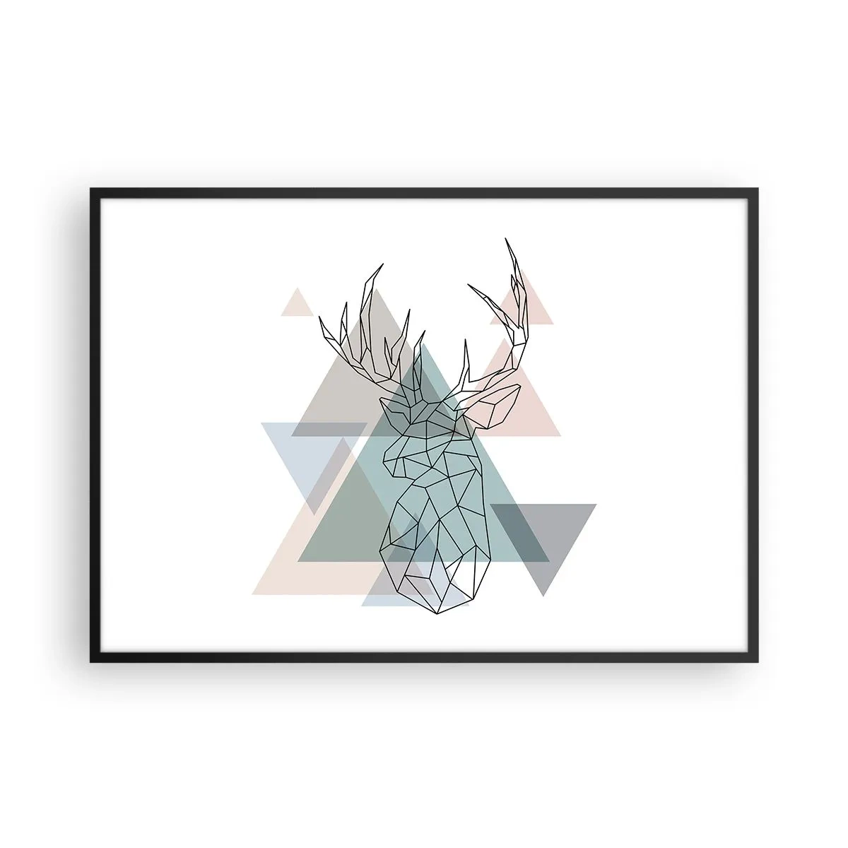 Póster en marco negro - Ciervo geométrico sobre un fondo de triángulos pastel. - 100x70cm - En un bosque geométrico - Decoración de pared moderna para salón y dormitorio ARTTOR