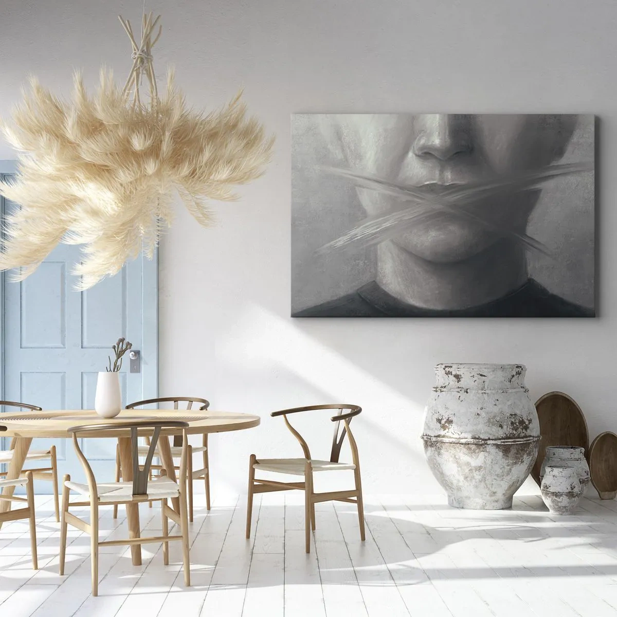 Cuadro sobre lienzo - Impresión de Imagen - Un retrato simbólico con labios difuminados en tonos grises. - 120x80cm - Ni una palabra - Decoración de pared moderna para salón y dormitorio ARTTOR