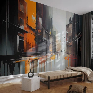 Fotomural Premium Sand - Una ciudad bajo la lluvia con reflejos naranjas en la calle mojada - 100x70cm - Día lluvioso - Decoración de pared moderna para salón y dormitorio ARTTOR