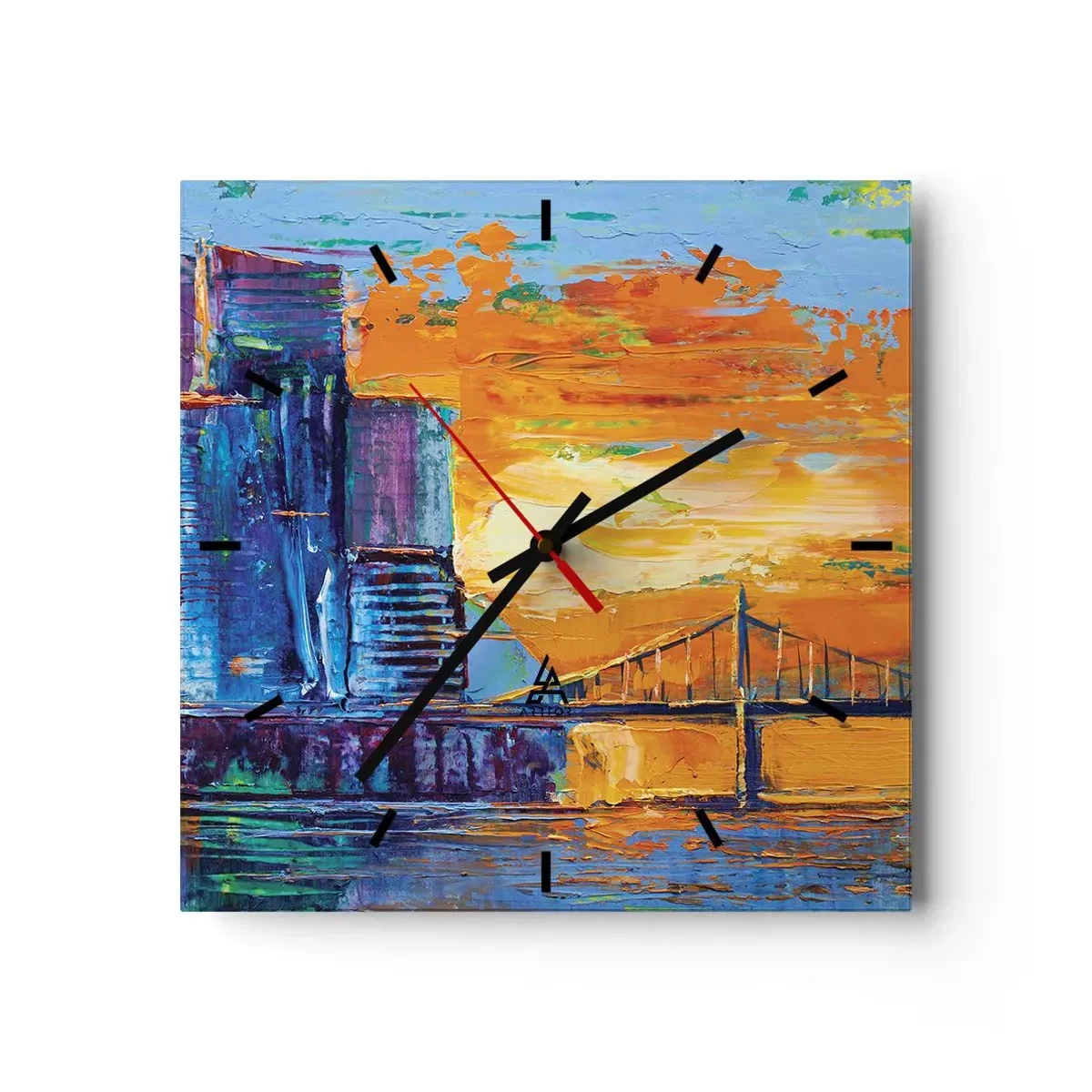 Reloj de pared - Reloj de vidrio - Una ciudad colorida con un puente al atardecer - 30x30cm - Cultura y naturaleza - Decoración de pared moderna para salón y dormitorio ARTTOR