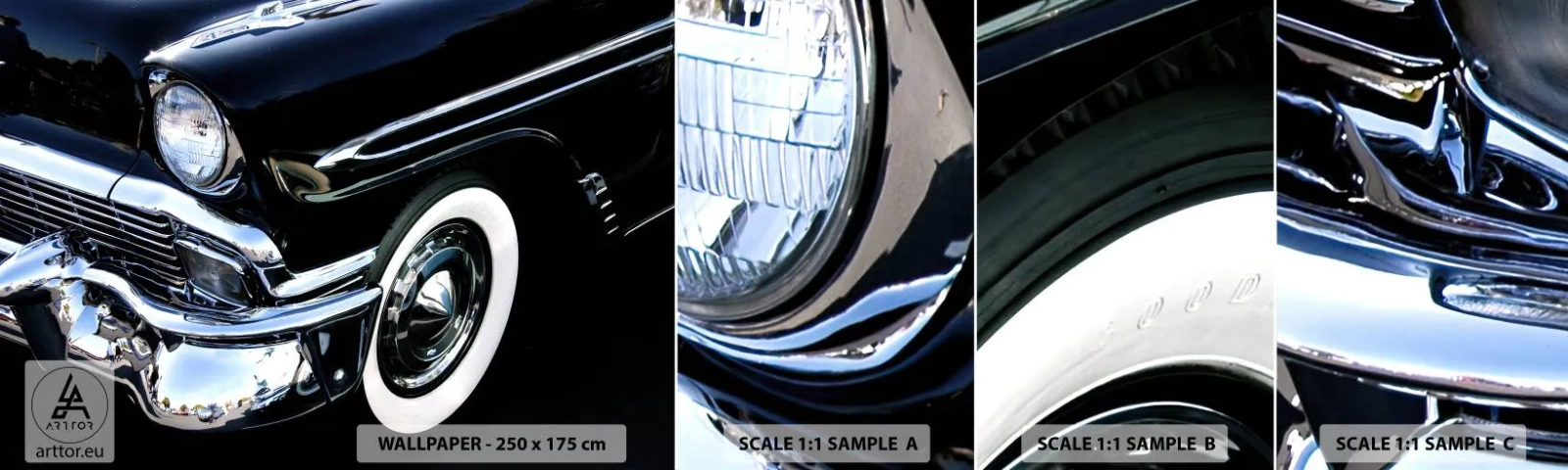 Muestra De Fotomural Standard Eco - Clásicos en plata, negro y blanco - Automotor, Auto, en blanco y negro - 100x30 cm