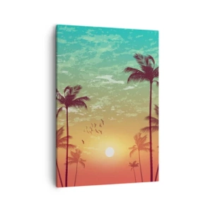 Cuadro sobre lienzo - Impresión de Imagen - Puesta de sol con palmeras contra un cielo colorido - 50x70cm - Ambientes tropicales - Decoración de pared moderna para salón y dormitorio ARTTOR